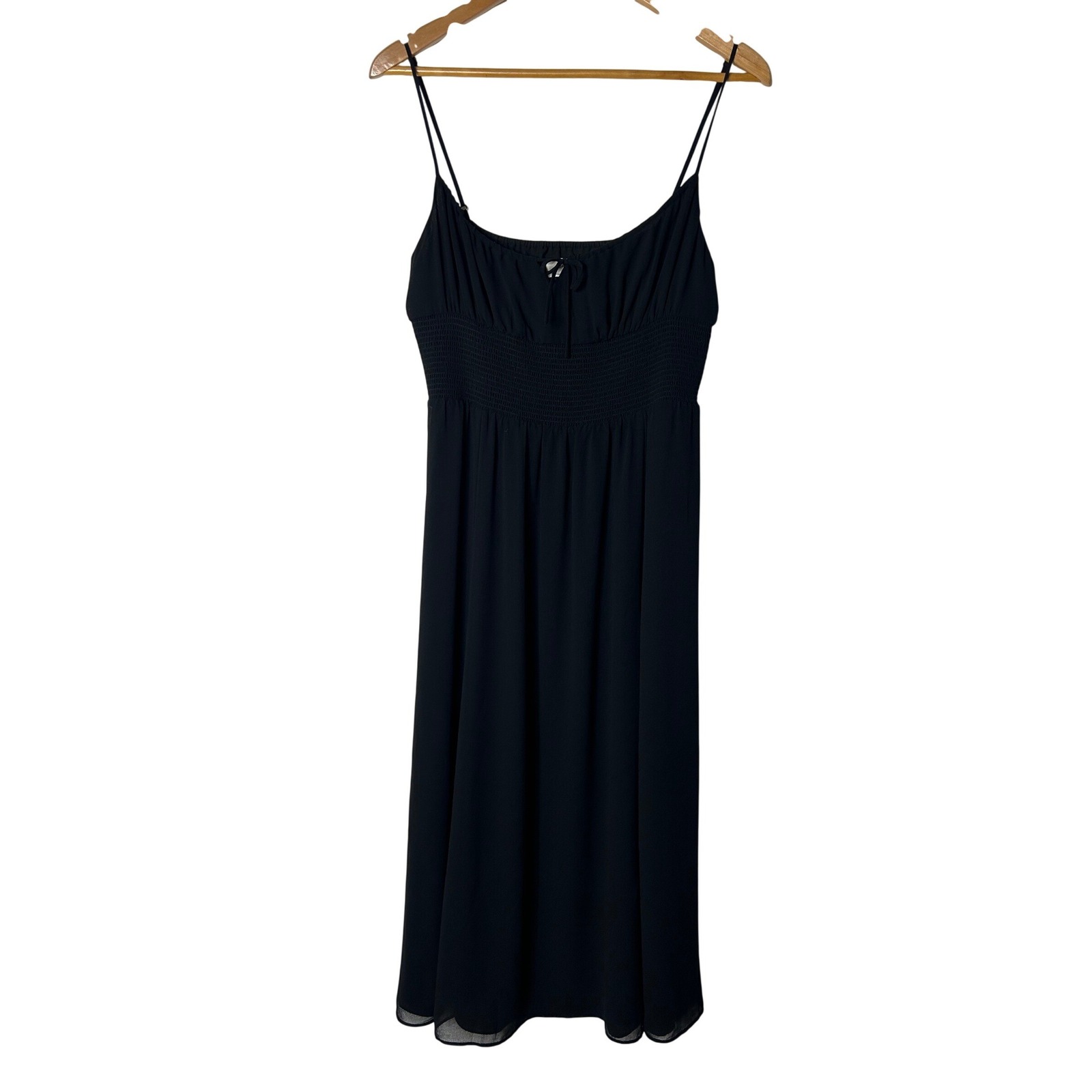 Wilfred Aritzia Dress Sz L Black Smocked Genoa Midi Adjustable Straps Side Slit